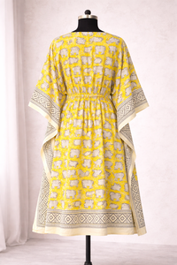 Robe en coton à imprimé éléphant jaune, col en V, longueur cheville, avec ceinture ajustable, tenue décontractée d'été pour femme, robe professionnelle faite à la main - Product Image 6