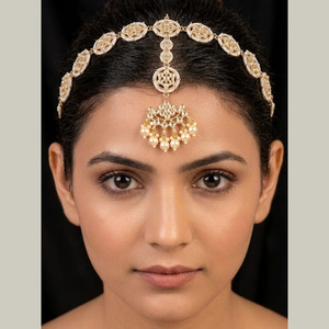 JeweleMarket Gold Plated Ethnic Zinc Alloy Kundan Pearl Sheeshphool <b>Headband</b>-Lightweight Adjustable Wedding Jewelry Gift - Product Image 1