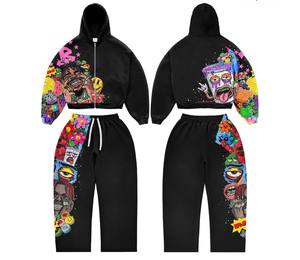 Conjunto de Sudadera con Capucha y Pantalones Deportivos para Hombre, Estilo Urbano Vintage, con Pedrería, de Felpa Francesa, Cortos, Lavado Ácido, con Cremallera y Efecto Desgastado - Product Image 6