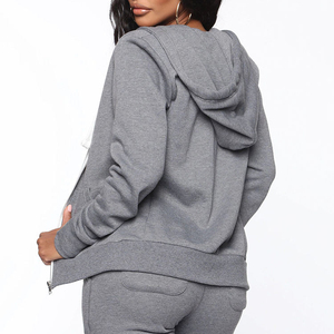 Women's Gray Full Zip Hoodie <b>Sweatshirt</b> With Side Pockets Casual Solid Color Cotton Hooded Jacket Autumn Wear - Product Image 2