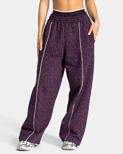 100% Cotton Burgundy Leopard Print <b>line</b> Piping contrast Women's oversized hoodie <b>pant</b> tracksuit set two piece women tracksuit - Product Image 5