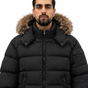 Men's Black Puffer <b>Jacket</b> <b>Hooded</b> Zipper Closure Cotton Filling <b>Fur</b> Collar Breathable Windproof Casual Streetwear Winter Wear - Product Image 2