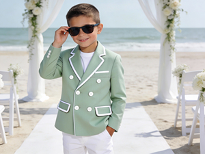 Costume de blazer double boutonnage violet pour garçons avec passepoil blanc |   Veste de cérémonie et de fête pour enfants - Product Image 5