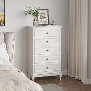 Commode moderne à 5 tiroirs pour chambre à coucher, armoire en bois massif avec finition peinte en blanc et fonctionnalités d'organisation - Product Image 3