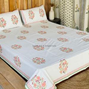 Juego de Sábanas con Estampado Artesanal Sanganeri de la India, Sábanas con Funda de Almohada - Product Image 3