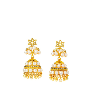 Pendientes Jhumki Tradicionales con Perlas y Piedras Pota Chapados en Oro - Product Image 2