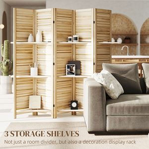 Handcrafted 5 Panel 67\" Tall Wood Privacy <b>Screen</b> Room Divider with 3 Shelves and <b>Folding</b> Storage Natural Wood for Bedroom - Product Image 4