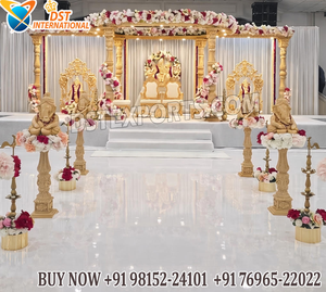 Mandap de Madera para Ceremonia de Boda Gujarati, Mandap Redondo Dorado de Lujo al por Mayor con Pilares Romanos Tallados, Australia - Product Image 5
