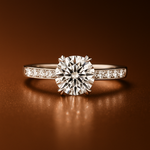 Anillo de compromiso de oro amarillo de 14K/18K con diamante cultivado en laboratorio de 1 quilate, corte brillante redondo, VS1, E, 4 puntas en forma de corazón, pavé, solitario. - Product Image 1