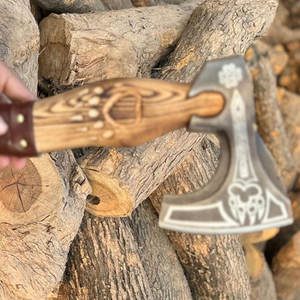 Handmade Industrial Grade Viking <b>Axe</b> Engraved Nordic Head Carbon Steel Blade Wooden Leather Wrap Inspired Scandinavian Heritage - Product Image 5