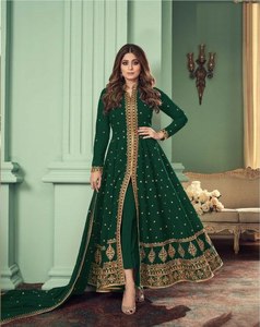 Ensemble Anarkali pour femme en Georgette de renard vert émeraude, brodé or, séchage rapide, longueur ras du sol, pour soirée, avec dupatta, toutes saisons - Product Image 1