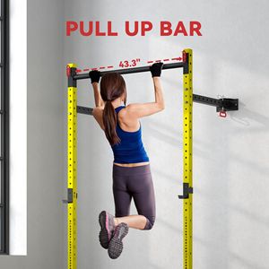 Cremagliera Squat pieghevole regolabile da 1000 libbre con barra Pull-Up a muro giallo-sistema di palestra per la casa - Product Image 5