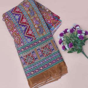 Tela de crepé ligera con bordado floral en color ocre, 54 pulgadas, material Daman para conjuntos de trajes Kurti, túnica, salwar kameez - Product Image 3