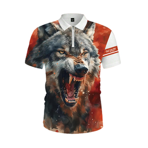 Camiseta Polo con Gráfico de Lobo Rugiente en 3D para Hombre |   Camiseta con Cierre de Cremallera de un Cuarto, Sublimada con Diseño de Animal Enfurecido |   Top artístico de estilo urbano en rojo y gris - Product Image 1