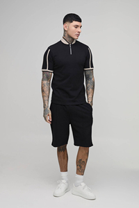 Men's Black Quarter-Zip T-Shirt <b>Set</b> With Contrast Trim Casual Summer Wear Cotton <b>Knitted</b> Breathable Shorts and Top custom logo - Product Image 5
