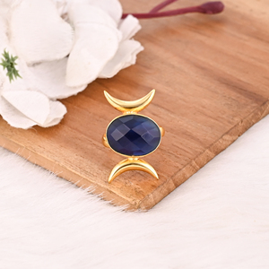 Anillo de Moda con Gema de Latón Azul Tinta para Mujer, Chapado en Oro, Elegante Forma Ovalada, Accesorio de Uso Diario - Product Image 3