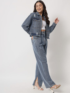 Distressed Denim Two-Piece Co-Ords <b>Set</b> Button Up Jacket & High Waist Wide Leg Pants <b>Sets</b> Casual Streetwear Fashion Jean Outfits - Product Image 2