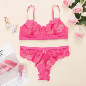 Sexy Women's Floral Lace Breathable Full <b>Cup</b> Underwire Push-Up <b>Bra</b> and Bikini Panty Set Lightweight Sheer Sleepwear - Product Image 5