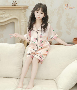 Ensembles de pyjamas à imprimé ours mignon pour enfants, vêtements de nuit à manches courtes et boutonnés noirs et crème pour garçons et filles - Product Image 4