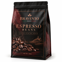 Sachet d'emballage personnalisé imprimé avec soufflet latéral et fermeture éclair refermable pour grains de café expresso, marque privée, vente en gros