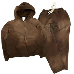 เสื้อวอร์มปักลายกรดมีซิปแบบกำหนดเอง500มีฮู้ดผ้าฝ้าย GSM เฟรนช์เทอร์รี่กางเกงขาบานสำหรับฤดูหนาวพลอยเทียม - Product Image 3