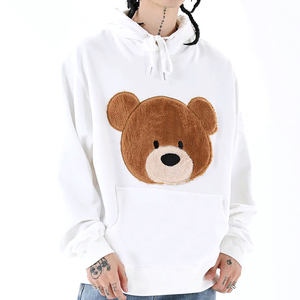 <b>White</b> Hoodie With 3D Bear Applique Front Pocket Casual Oversized Fleece <b>Sweatshirt</b> Autumn Wear - Product Image 1