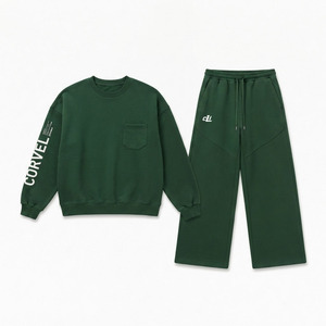 Ensemble de sweats à capuche et pantalons à jambes larges personnalisés, imprimés, à col ras du cou, avec poche poitrine, en coton épais, tenue décontractée de luxe - Product Image 5