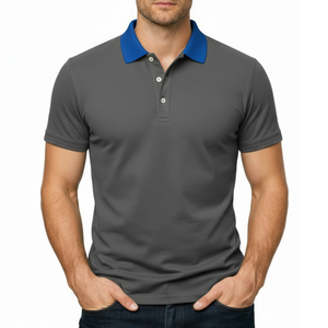 Polo Moderno Gris para Hombre con Cuello Azul Rey en Contraste, Manga Corta, Secado Rápido, para Ejercicio - Product Image 1