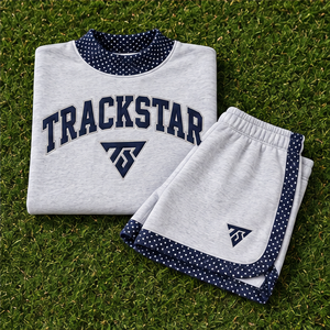 Ensemble short 2 pièces pour femme, gris chiné clair, avec bordure à pois contrastante, col montant, vêtements de sport décontractés personnalisés - Product Image 6