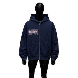 Custom <b>Navy</b> Blue Zip Up Hoodie Women Oversized Heart Graphic Rhinestone Streetwear Full Zipper Hooded <b>Sweatshirt</b> Casual Fashion - Product Image 1