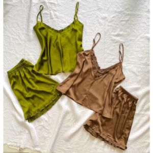Custom Women Satin <b>Pajama</b> Set Strap Cami Top & Shorts Silk Sleepwear Set - Product Image 1