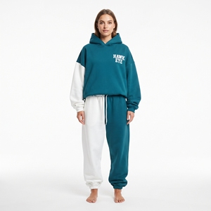 Conjunto Deportivo de Dos Piezas para Mujer, Color Verde Azulado y Blanco, 100% Algodón Felpa, Corte Holgado Informal, Sudadera con Capucha de Manga Larga y Pantalones Deportivos - Product Image 5
