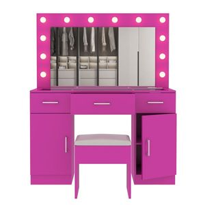 Tavolo da toeletta in legno con 3 cassetti e 2 armadietti, ampio piano in vetro illuminato e presa di corrente - Product Image 5