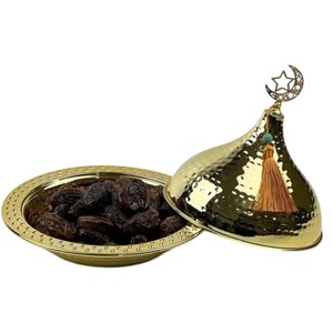 Handmade Hammered Brass Dates Serving Bowl Antique Gold Khajoor <b>Pot</b> With Tray For Tabletop Home Decor & Guest Serving Bowl - Product Image 6