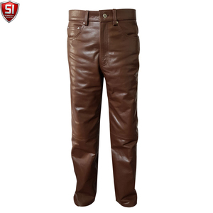 Brown Leather Windproof Midweight <b>Pants</b> for Men <b>Straight</b> <b>Leg</b> Mid Waist Button Fly OEM Custom Winter Casual Wear - Product Image 1