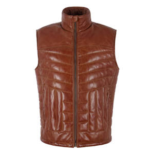 <b>Men's</b> Brown PU <b>Leather</b> Stand Collar Padded <b>Vest</b> With Zipper Closure Windproof Casual Winter Outerwear - Product Image 1