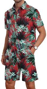 Conjunto de Dos Piezas para Hombre, Camisa y Pantalones Cortos con Estampado de Hojas Tropicales, Estilo Vintage Rojo, Transpirable, Casual, para Vacaciones de Verano en la Playa - Product Image 3