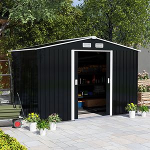 Casetta da Giardino in Metallo con Porta Scorrevole a 2 Lati 9FT X 6FT Grigio Scuro 4 Prese d'Aria per Cortile, Patio, Prato - Product Image 2
