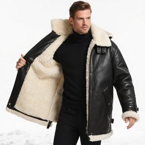 Men's Long <b>Black</b> Leather <b>Jacket</b> With <b>Faux</b> <b>Fur</b> Lining Zipper Closure Windproof Winter Moto Style Regular Fit - Product Image 4