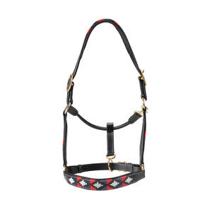 Traditional Leather Horse <b>Halter</b> with Red Blue White Pattern and Gold Hardware Adjustable Design - Product Image 2