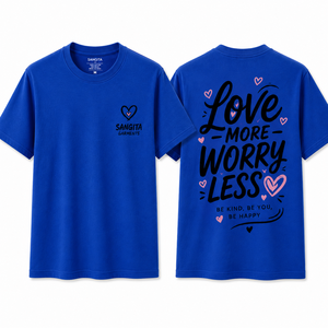 Camiseta de Manga Corta Azul para Hombre Sangita, Cuello Redondo, Corte Regular, 100% Algodón, Estampada, Ecológica, 180g, Love More Worry Less, Casual - Product Image 1