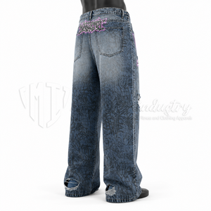 Pantalones Vaqueros Anchos Azules Lavados Personalizados para Hombre al por Mayor con Estampado de Grafiti, Vaqueros Rotos, Estilo Urbano, Ajuste Holgado - Product Image 4