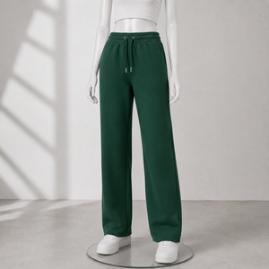 Women Green Knitted Wide Leg <b>Pants</b> High Waist Loose Fit Full Length Casual Solid Color Drawstring Elastic Waist Sweatpants - Product Image 4