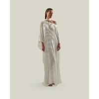 Robe élégante asymétrique drapée en coton écoresponsable, couleur unie, col en V, épaule dénudée, longueur ras du sol, coupe fourreau et ligne A