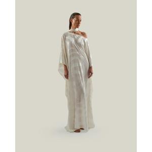 Robe de soirée élégante asymétrique à une épaule, longueur ras du sol, en mousseline de couleur unie, avec drapé asymétrique et manches longues - Product Image 1