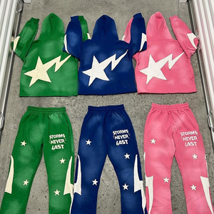 Acid Wash Sweatsuit for Men Zipper Hoodie and Flared Sweatpants Set Distressed Patch Streetwear Tracksuit Cotton Oversized - Product Image 4