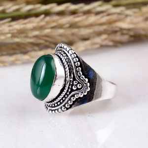 Anillo de Plata de Ley 925 con Ónix Verde, Hecho a Mano, Estilo Bohemio Vintage, con Cuentas y Hojas, Joyería de Boda con Piedras Preciosas para Unisex - Product Image 3