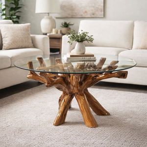 โต๊ะกาแฟไม้สักแท้ธรรมชาติ ดีไซน์ศิลปะ ออร์แกนิค เป็นมิตรกับสิ่งแวดล้อม ทนทาน พร้อมท็อปกระจกใส สำหรับตกแต่งภายใน - Product Image 3