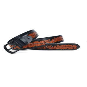 Ceinture usinée en cuir occidental de luxe sculptée à la main motif de feuille de cowboy avec boucle en laiton à finition noire solide lourde longueur personnalisée - Product Image 4