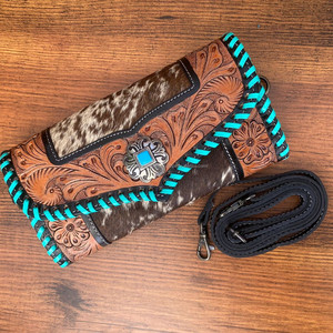 Cartera tallada a mano, funda de teléfono de embrague, elegante, multiusos, carteras de cuero de piel de vaca, Cartera de Color turquesa para mujer - Product Image 3